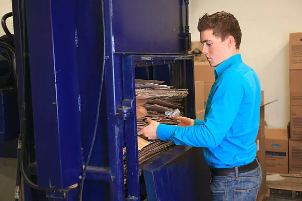 An operator loading cardboard into a vertical baler