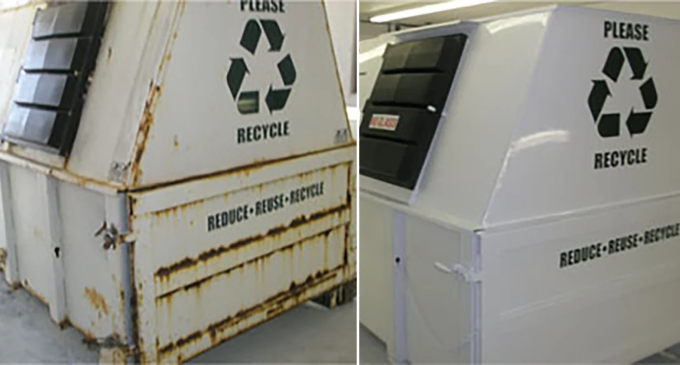 A recycling container before and after refurbishment by MCS Midwest